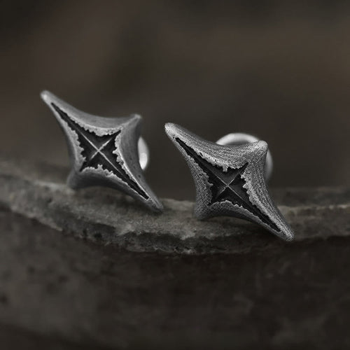 Handcrafted 999 Silver Four Pointed Star Carved Earrings
