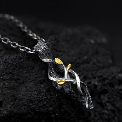 Handcrafted 999 Silver Withered Wood Twisted Vine Gold Leaf Necklace