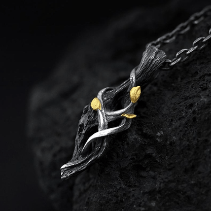 Handcrafted 999 Silver Withered Wood Twisted Vine Gold Leaf Necklace