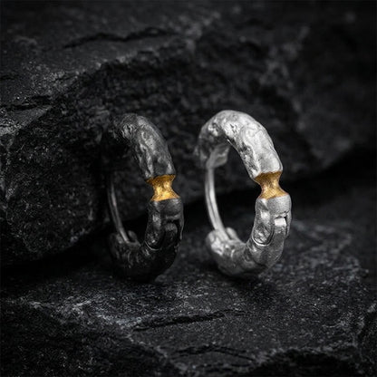Handcrafted 999 Silver Rugged Rock Inlaid Gold Waist Earrings