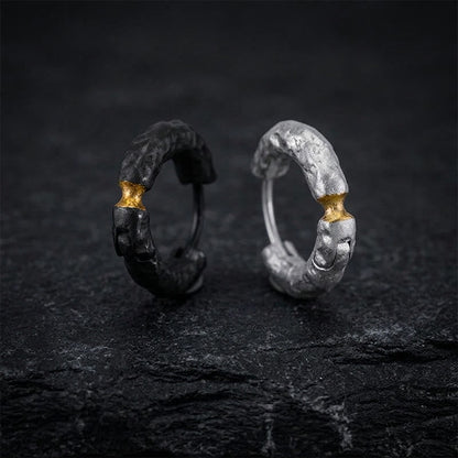 Handcrafted 999 Silver Rugged Rock Inlaid Gold Waist Earrings