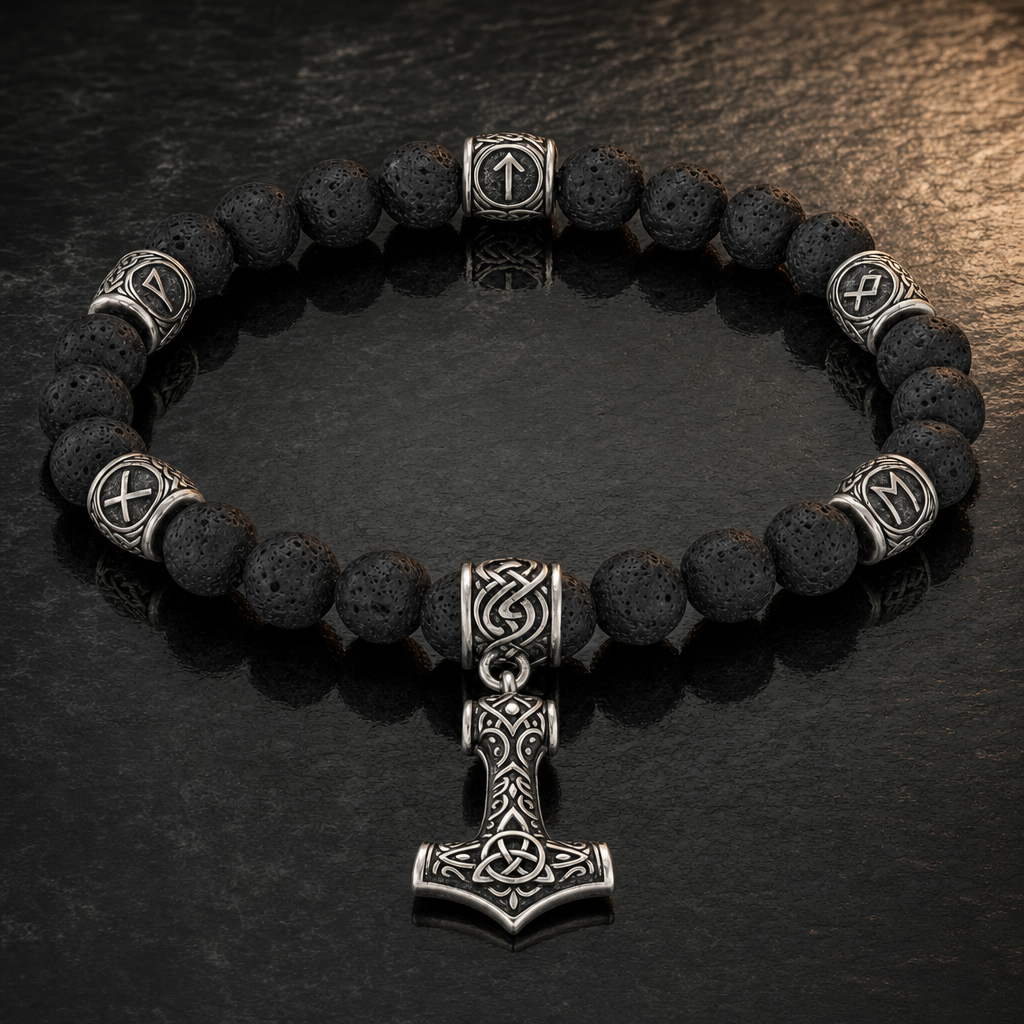 Lava Stone Mjolnir Bead Bracelet for Men