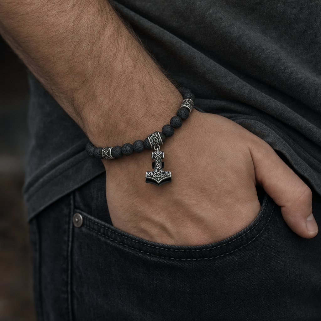 Lava Stone Mjolnir Bead Bracelet for Men