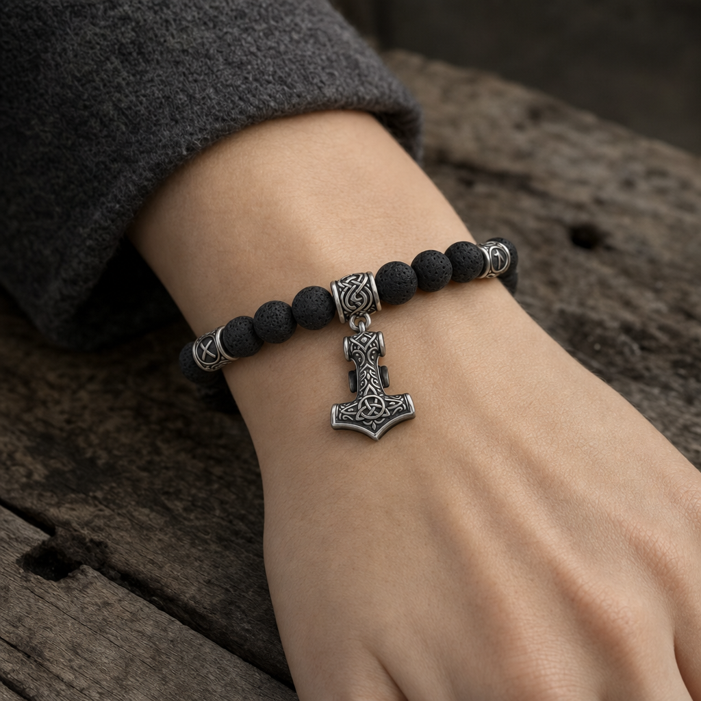 Lava Stone Mjolnir Bead Bracelet for Men