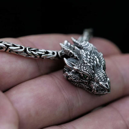 Men's Viking Green Eye Dragon Head Necklace