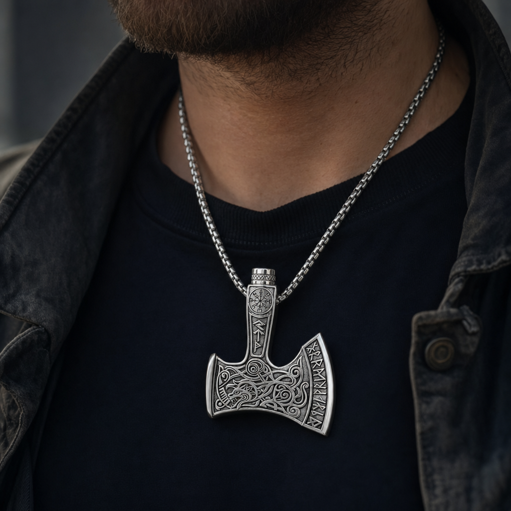 Viking Axe Cremation Urn Necklace for Men