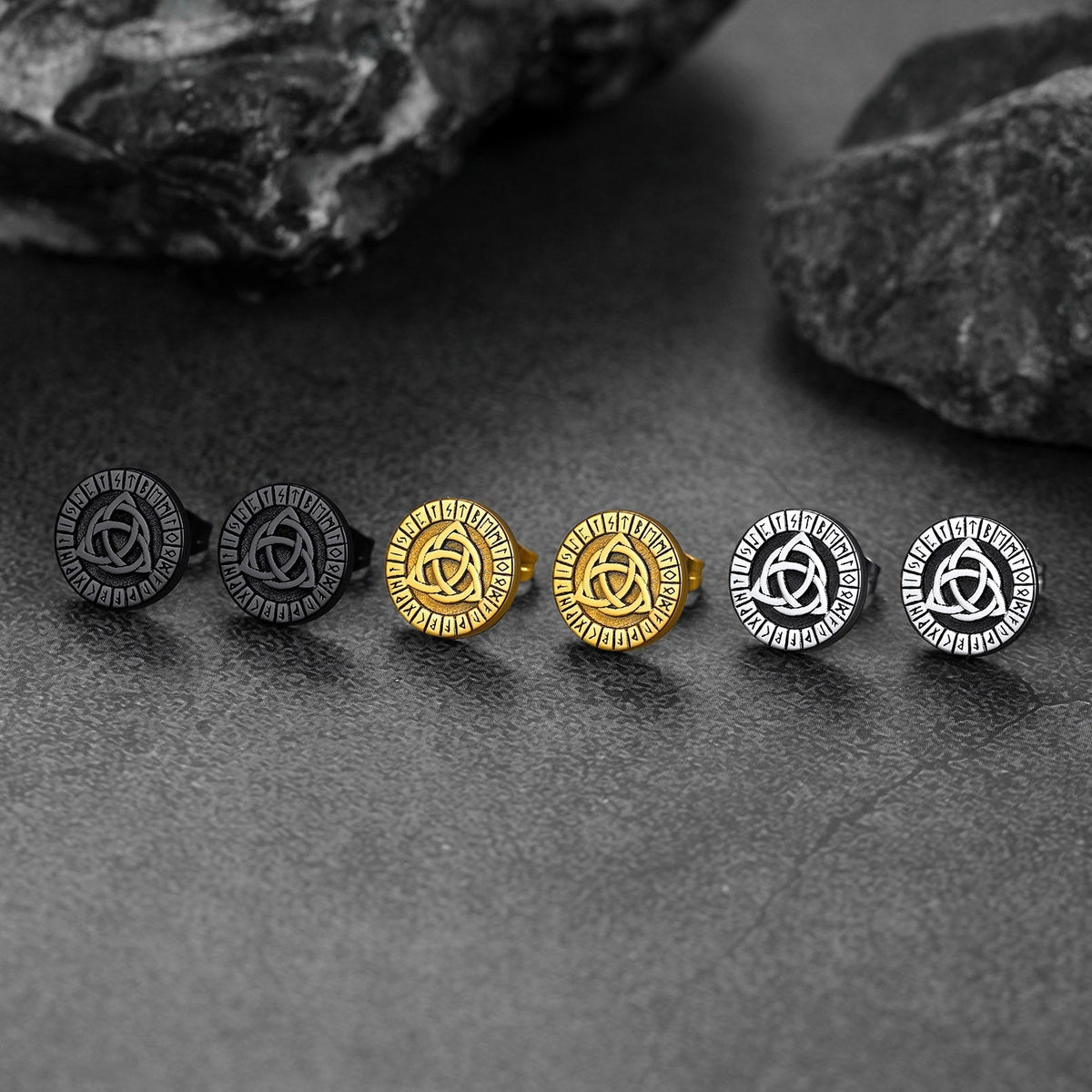 Viking Celtic Knot With Rune Stud Earrings for Men