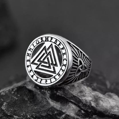 Viking Rune Valknut Signet Ring With Celtic Knot