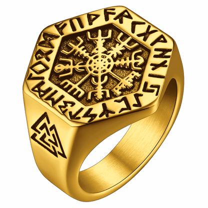 Viking Hexagon Compass Ring With Runes For Men