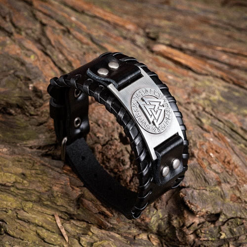 Genuine Leather Buckle Arm Cuff Valknut Rune Metal Bracelet