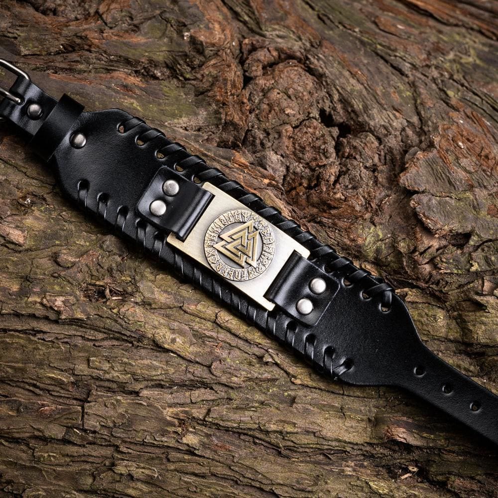 Genuine Leather Buckle Arm Cuff Valknut Rune Metal Bracelet
