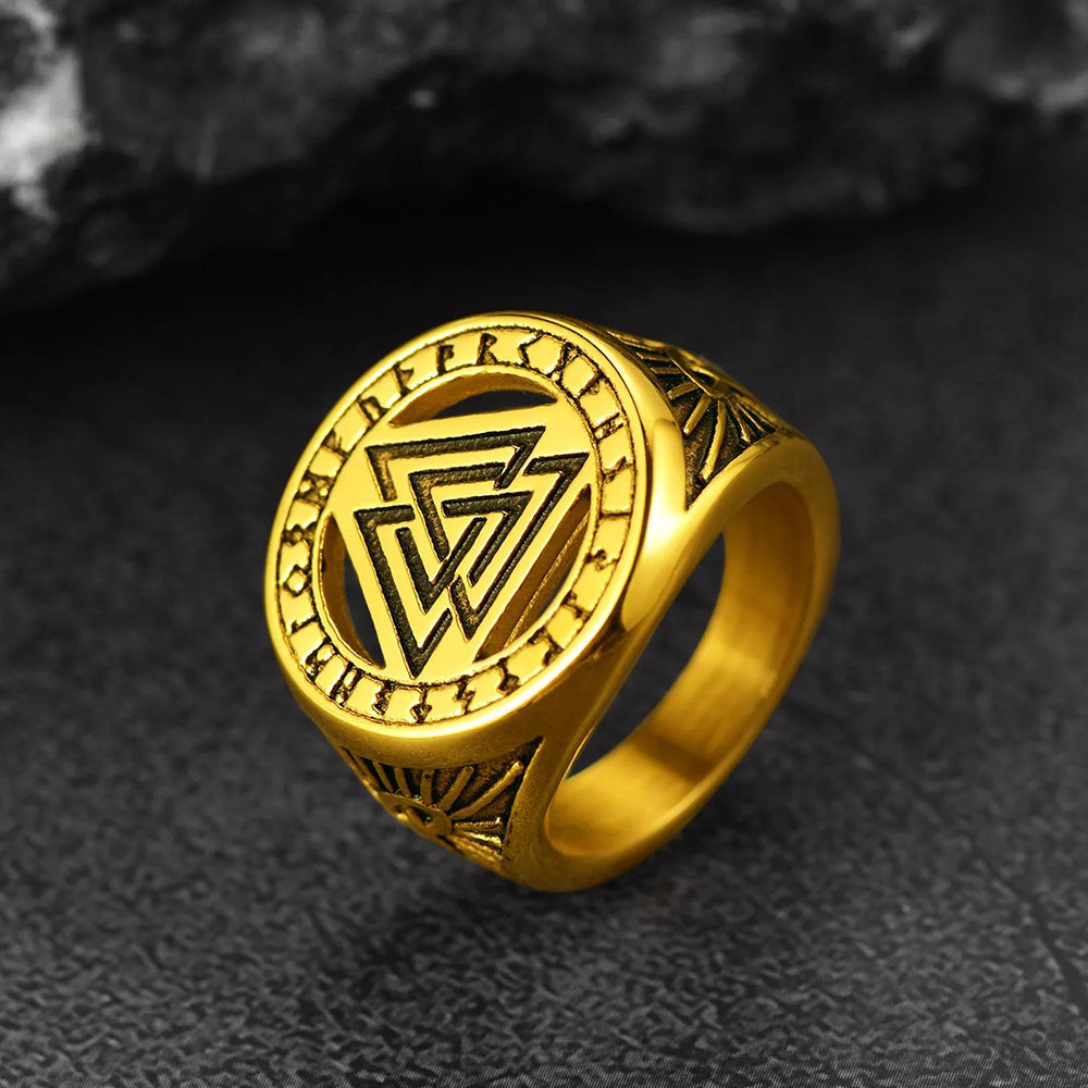 Viking Rune Valknut Signet Ring With Celtic Knot