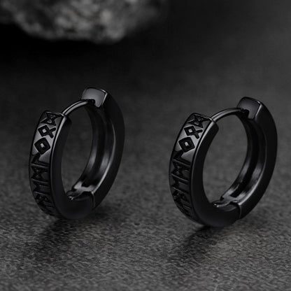 Norse Viking Rune Hoop Earrings & Wolf Medal Necklace Set For Men
