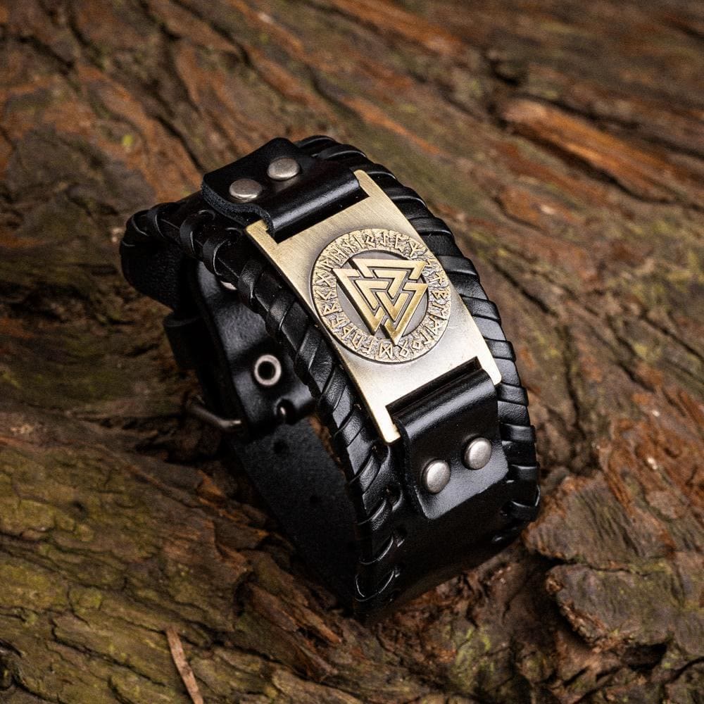 Genuine Leather Buckle Arm Cuff Valknut Rune Metal Bracelet