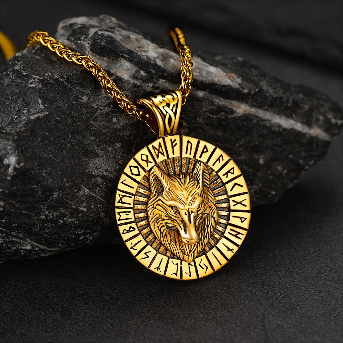 Viking Wolf Medal Necklace With Runes Jewelry For Men