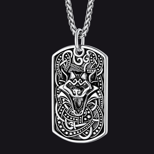 Engraved Viking Celtic Wolf Dog Tag Necklace for Men