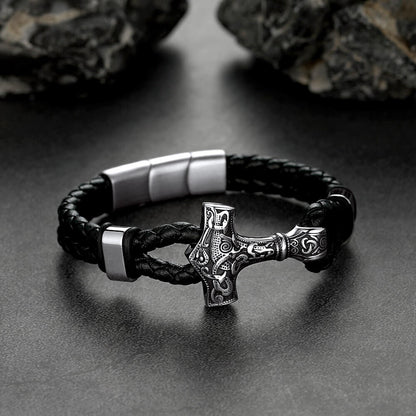 Viking Thor's Hammer Mjolnir Braided Leather Bracelet Gift For Men