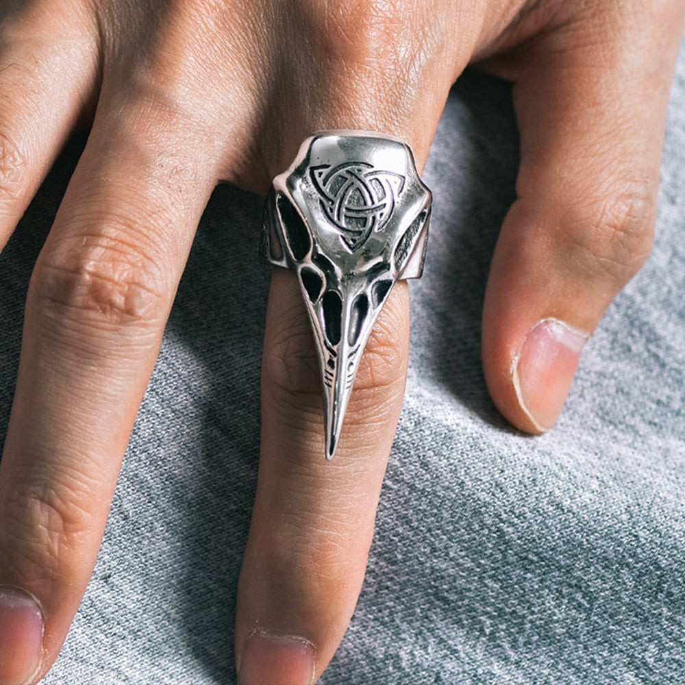 Viking Raven Skull Ring With Celtic Knot For Men