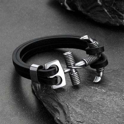 Viking Stainless Steel Anchor Black Leather Bracelet for Men