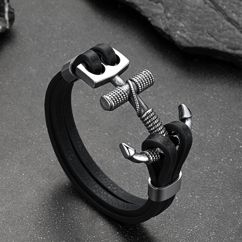 Viking Stainless Steel Anchor Black Leather Bracelet for Men