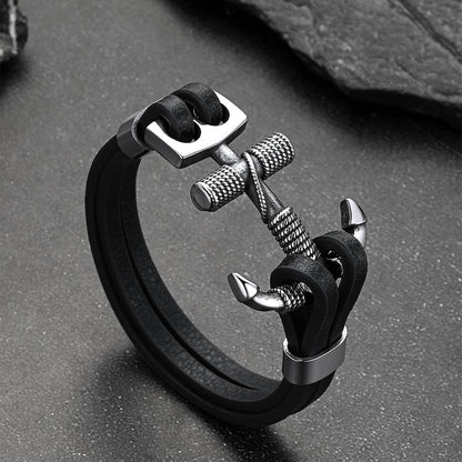 Viking Stainless Steel Anchor Black Leather Bracelet for Men