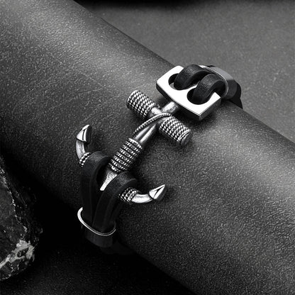 Viking Stainless Steel Anchor Black Leather Bracelet for Men