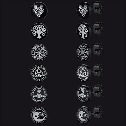 Viking Black Stud Earrings Set For Men 6 Pairs