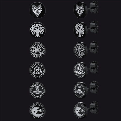 Viking Black Stud Earrings Set For Men 6 Pairs