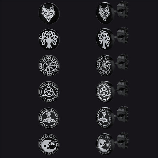 Viking Black Stud Earrings Set For Men 6 Pairs