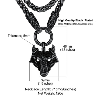 Viking Wolf Pendant Necklace With Wolf Rope Chain For Men