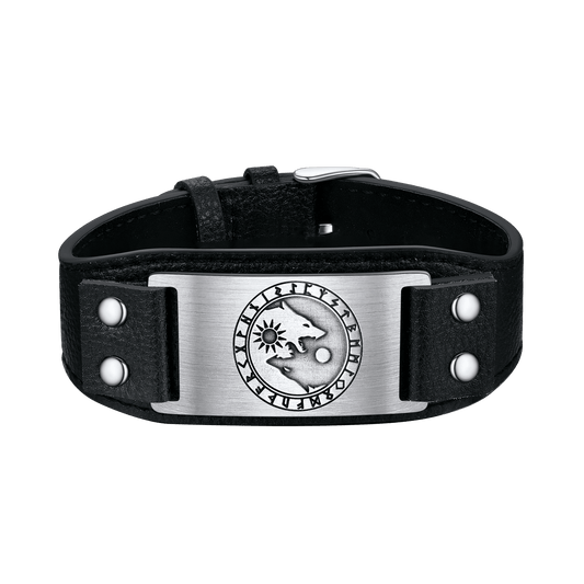 Viking Nordic Wolf Black Leather Bracelet Wristband for Men