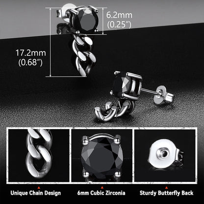 Black Cubic Zirconia Chain Link Dangle Stud Earrings for Men