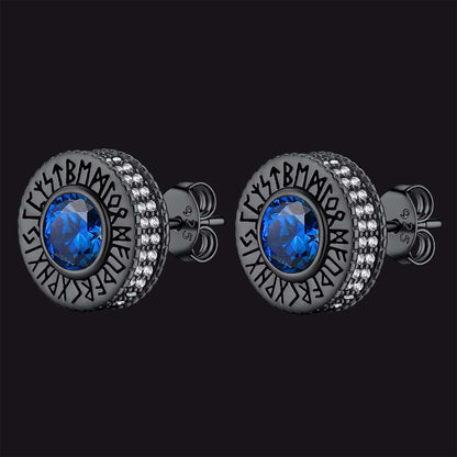 Sterling Silver Viking Runes Gemstone Stud Earrings for Men