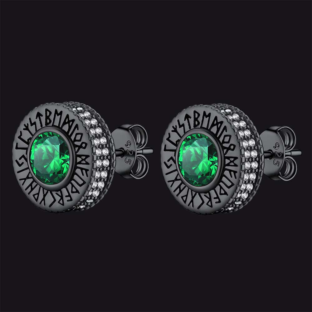 Sterling Silver Viking Runes Gemstone Stud Earrings for Men