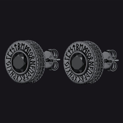 Sterling Silver Viking Runes Gemstone Stud Earrings for Men