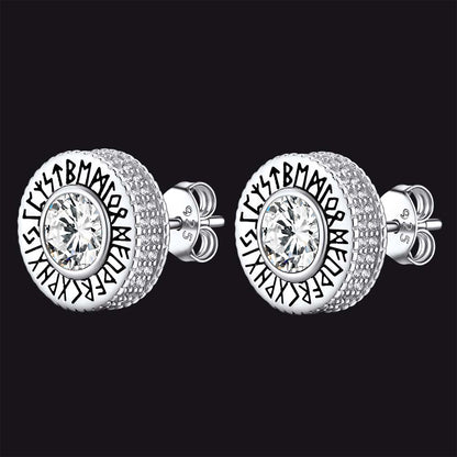 Sterling Silver Viking Runes Gemstone Stud Earrings for Men