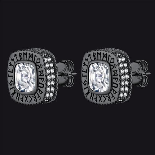 Cushion Cut Diamond Stud Earrings with Viking Runes in Sterling Silver