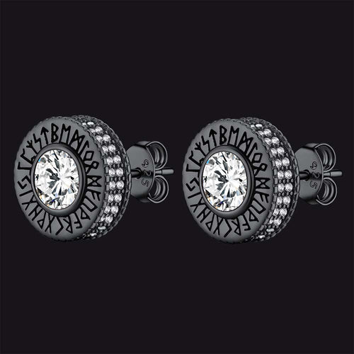 Sterling Silver Viking Runes Gemstone Stud Earrings for Men