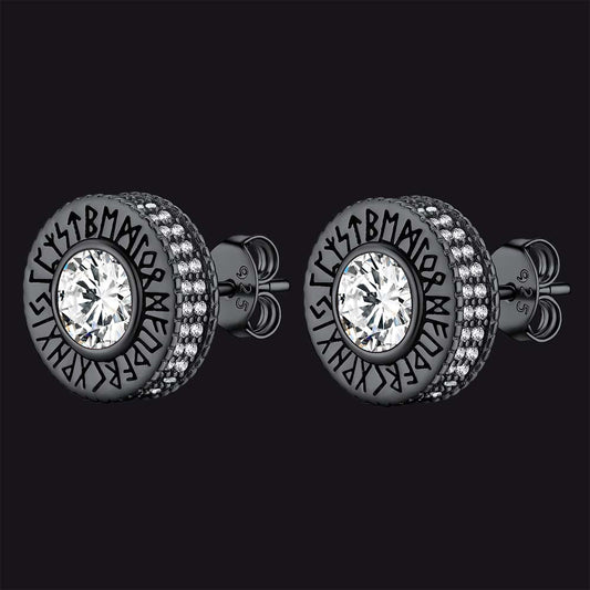 Sterling Silver Viking Runes Gemstone Stud Earrings for Men