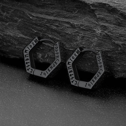 Hexagon Viking Diamond Hoop Earrings With Runes for Men