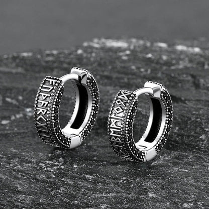 Sterling Silver Viking Runes Hoop Earrings With Black Zirconia for Men