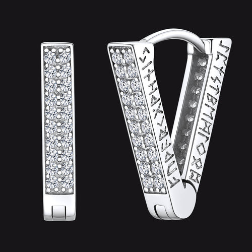 Cubic Zirconia Triangle Huggie Hoop Earrings With Viking Runes for Men