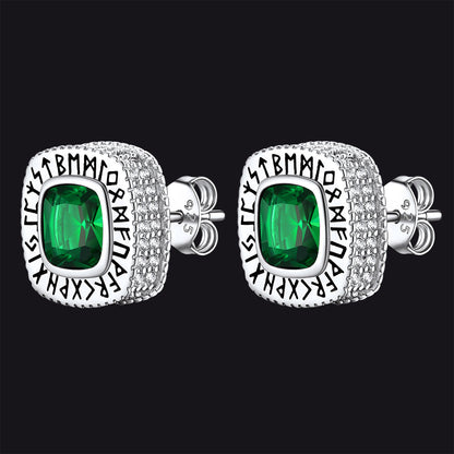 Cushion Cut Diamond Stud Earrings with Viking Runes in Sterling Silver