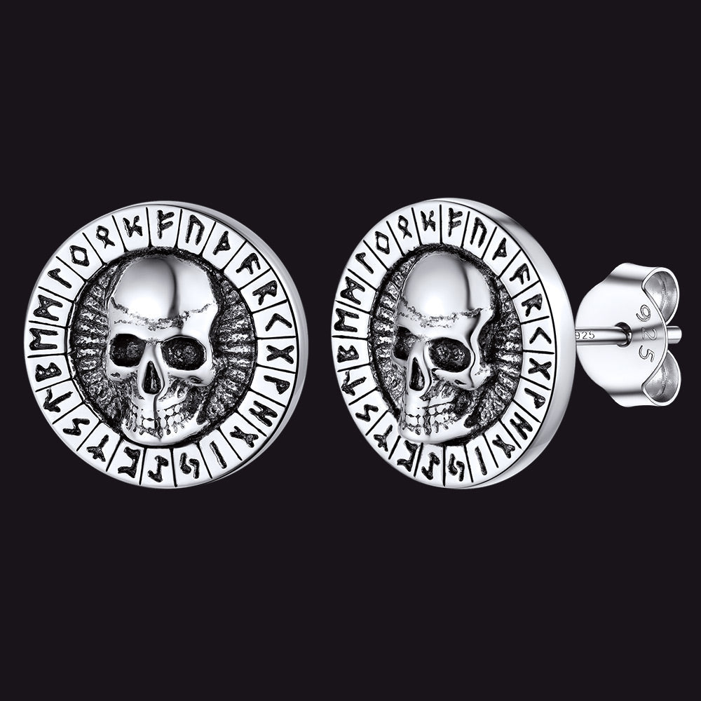 Sterling Silver Runes Skull Earrings Studs For Men