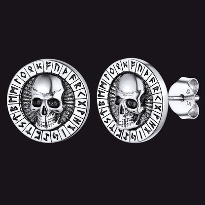 Sterling Silver Runes Skull Earrings Studs For Men