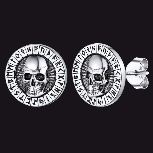 Sterling Silver Runes Skull Earrings Studs For Men