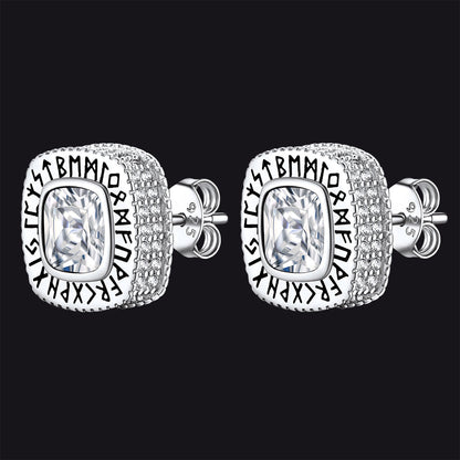 Cushion Cut Diamond Stud Earrings with Viking Runes in Sterling Silver