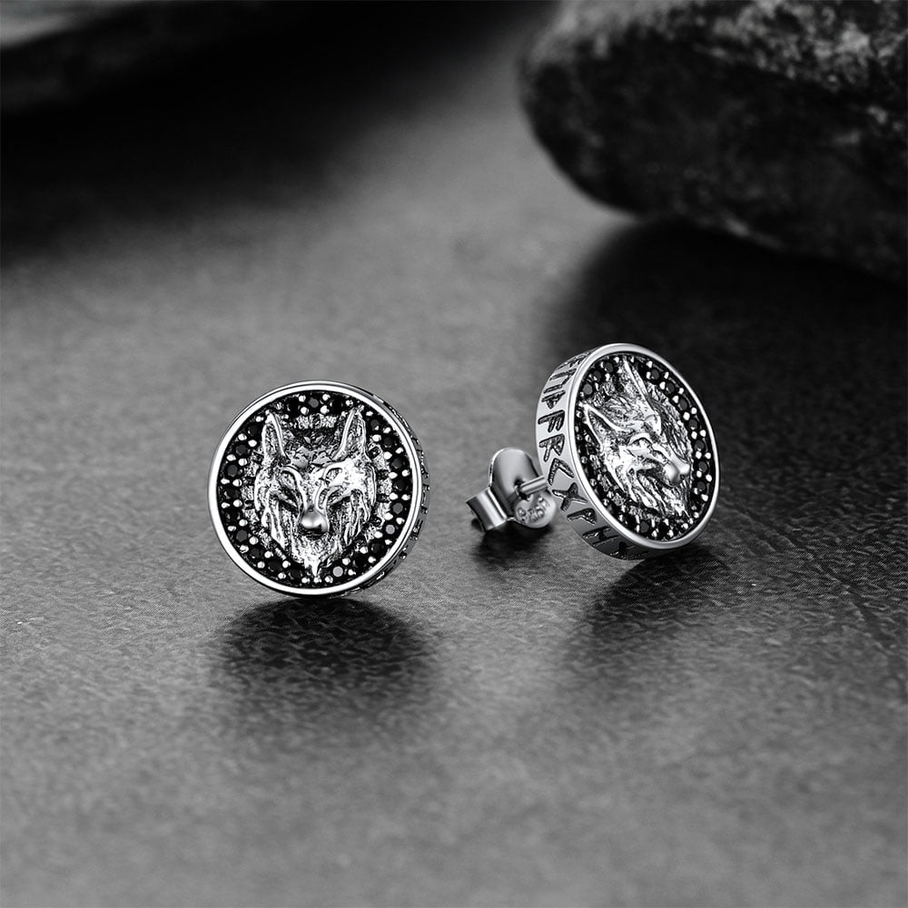Sterling Silver Viking Wolf Head Stud Earrings For Men