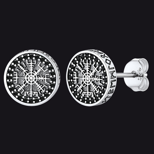 Sterling Silver Viking Compass Stud Earrings With Runes
