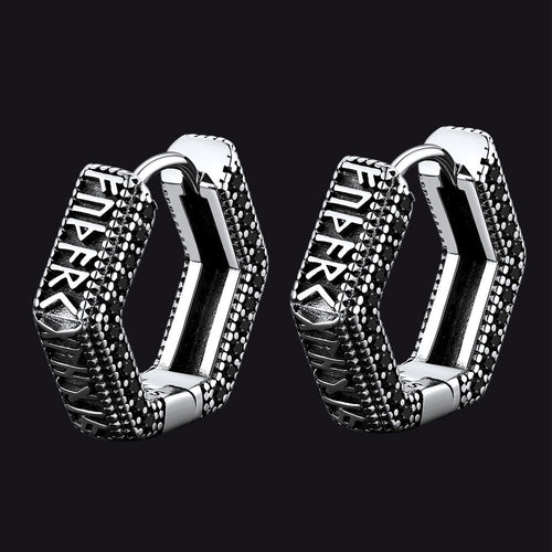 Viking Runes Hexagon Huggie Hoop Earrings for Men